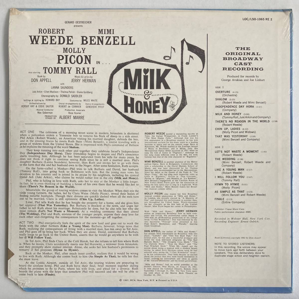 Milk and honey (The Original Broadway Cast Recording) / 作詞・作曲：ジェリー・ハーマン　米盤LP RCA LSO-1065 未開封　Cutout_画像2