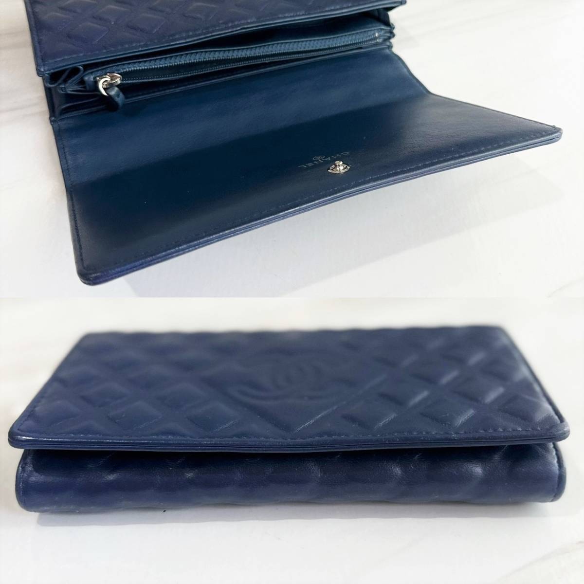 シャネル 長財布 マトラッセ ラムスキン ネイビー 25番台 美品