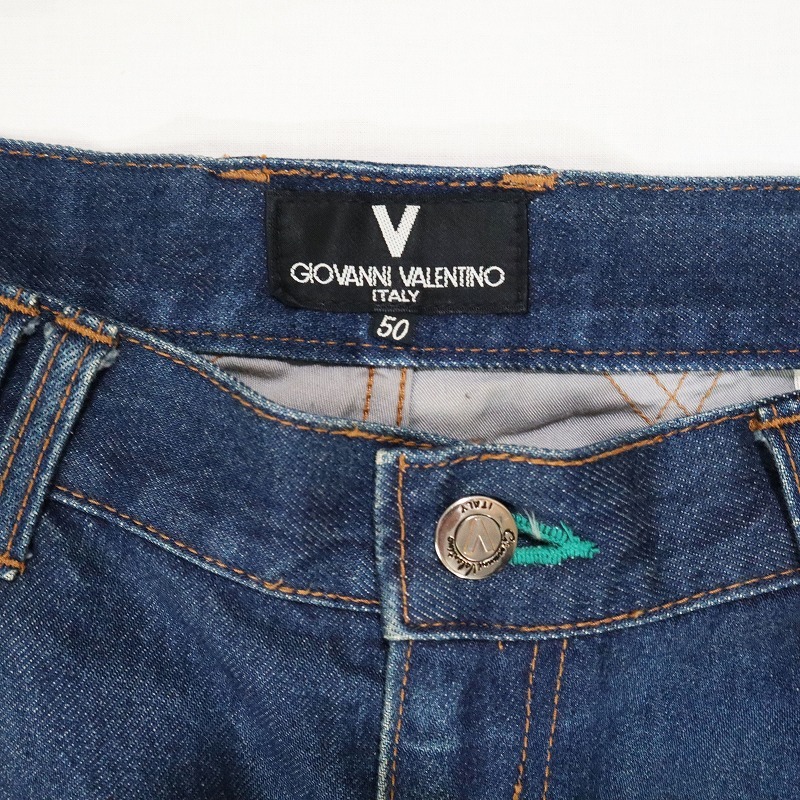 GIOVANNI VALENTINO ジョバンニ ヴァレンチノ ワイドパンツ 刺繍デニム 濃紺ジーンズ レザー イタリア製 ストリート メンズ  サイズ50 M相当