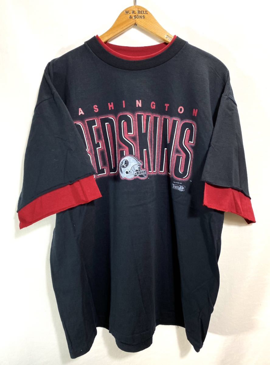 ■ 90s 90年代 ビンテージ USA製 SALEM NFL ワシントン レッドスキンズ ロゴプリント 切り替えし 半袖 Tシャツ サイズXL アメフト 黒 ■_画像1