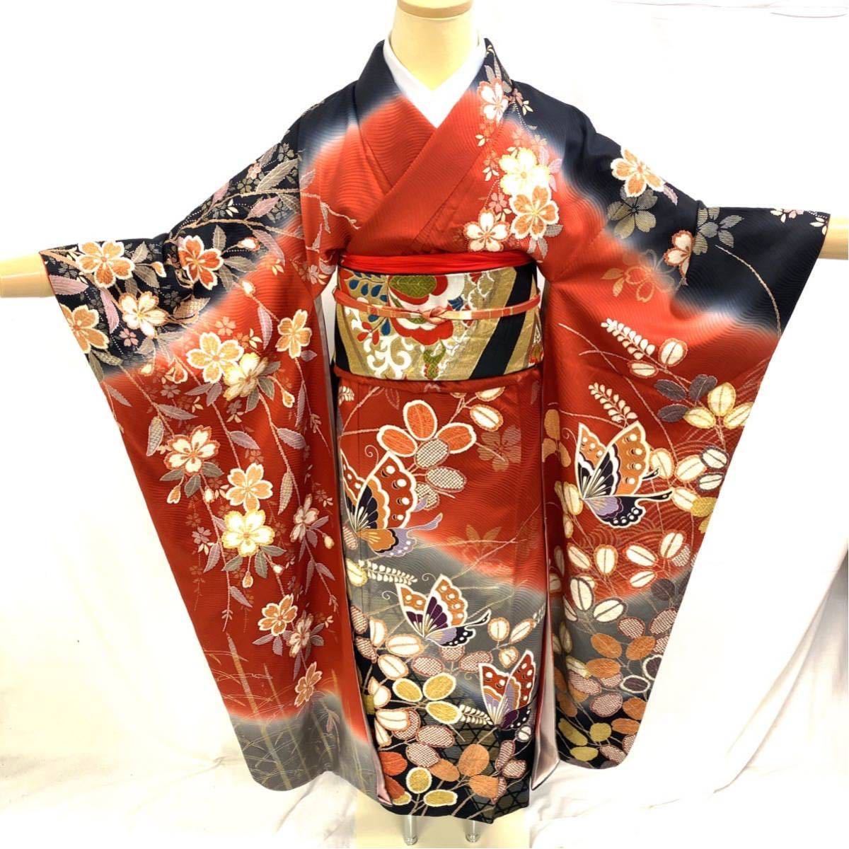 着物 振袖 正絹 袷 蓮 単品販売 蝶 尾長鳥
