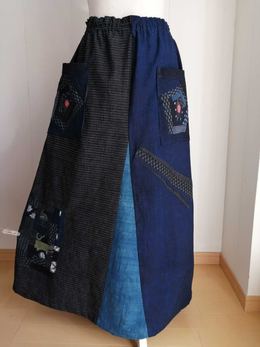 古布 藍染 雪ん子 綿 書生絣 絵絣 久留米絣○パッチワーク ロング