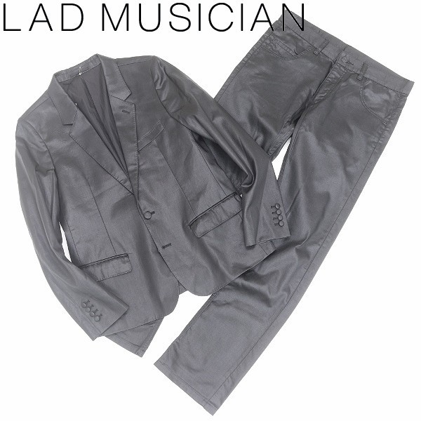 ◆LAD MUSICIAN ラッド ミュージシャン コットン 光沢加工 2B ジャケット＆パンツ セットアップ スーツ 黒 ブラック 44/46_画像1