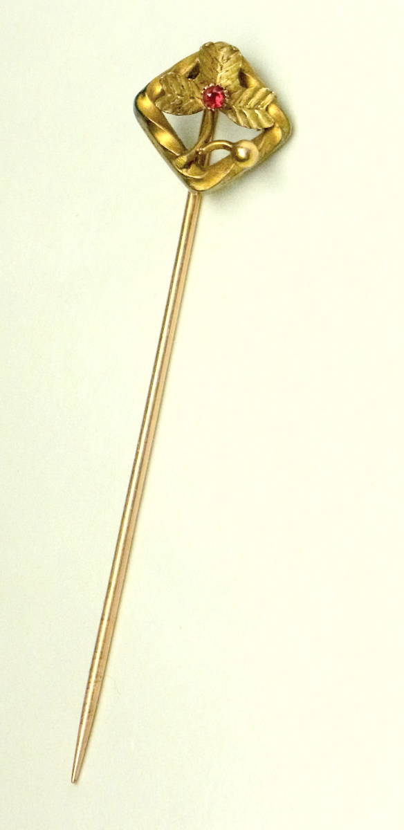 優美 フランスアンティーク 宿り木 ペーストガラス飾り付きピン エパングル・ア・クラヴァット 三つ葉 工房印 刻印　クロネコ宅急便60_画像2