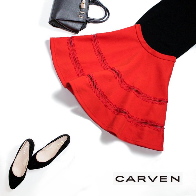  beautiful goods CARVENkaruven# spring summer stretch punch race design knees under height flair skirt XS 5 number orange 
