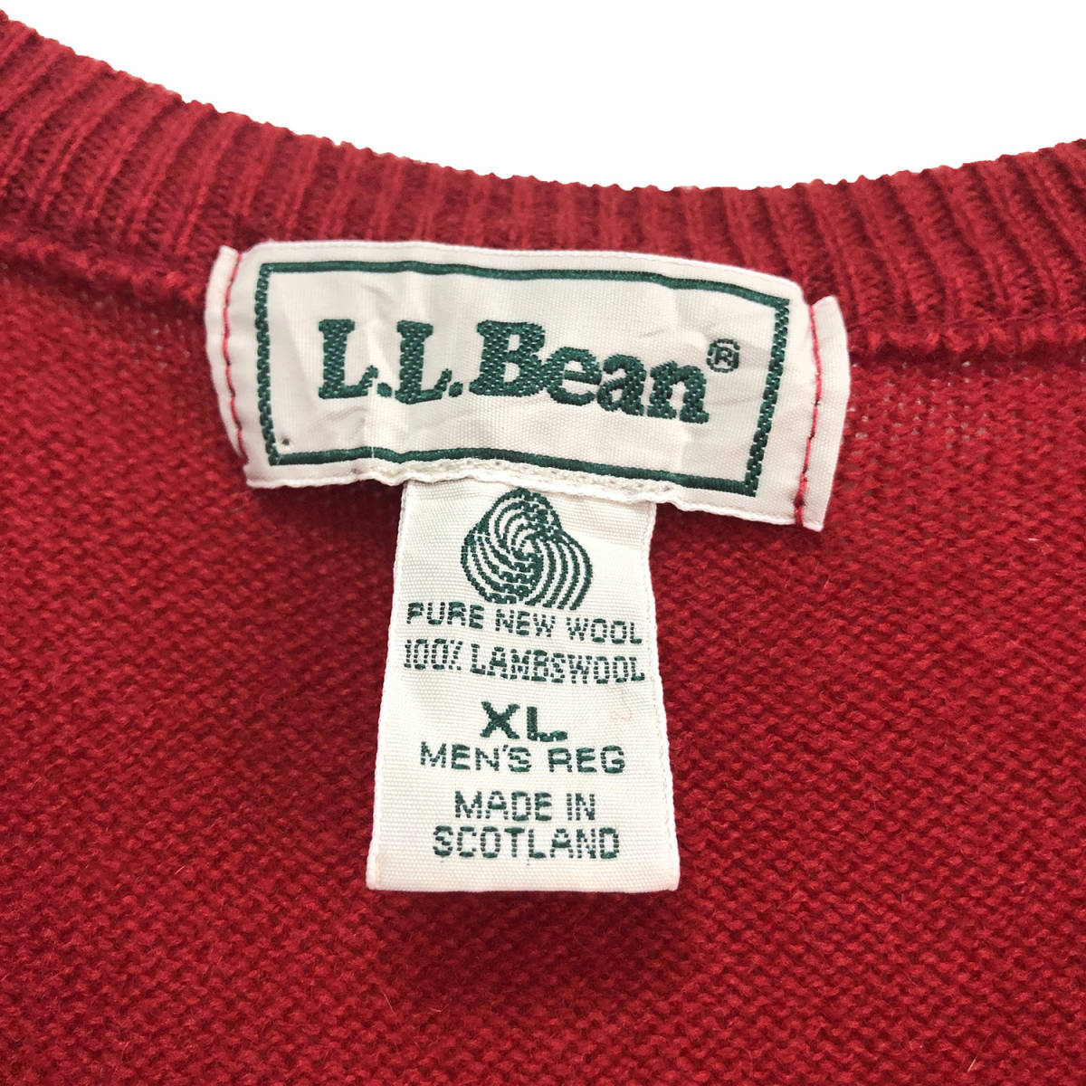 90S スコットランド製 L.L.Bean ラムウールニット Vネック ニットベスト メンズXL 赤色 LLビーン ヴィンテージ エルエルビーン 古着 BI0020