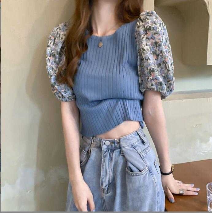 韓国風 レディース 半袖Tシャツ 新しい夏 気質 ファッションTシャツ ブルー M Tシャツ