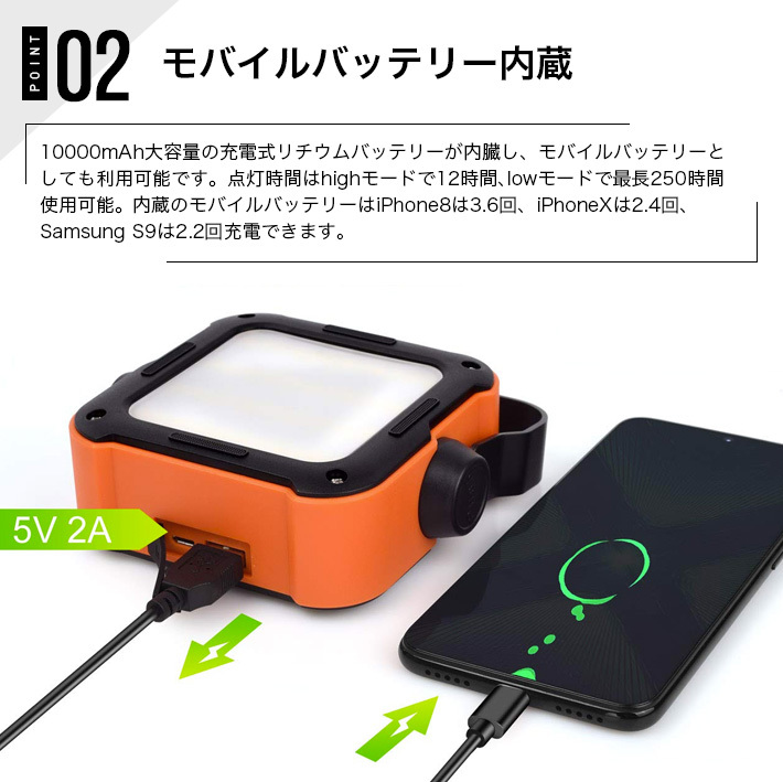 進化版LEDランタン10000mAH三段調色＆五段調光USBスマホ充電 フック付き IP66防水 非常用電源電池式ランタン キャンプライト PSE認証済_画像4