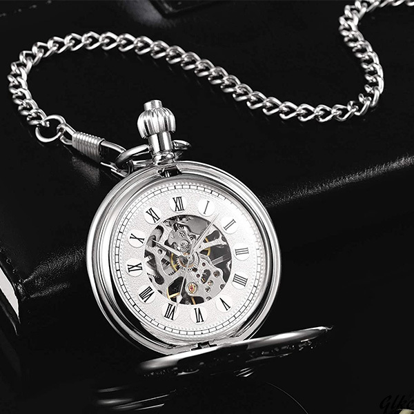 懐中時計　時計　ローマ数字　クラッシック　ビンテージ　ペンダント　チェーン付き　ギフト　プレゼント　おしゃれ　シルバー　銀のサムネイル