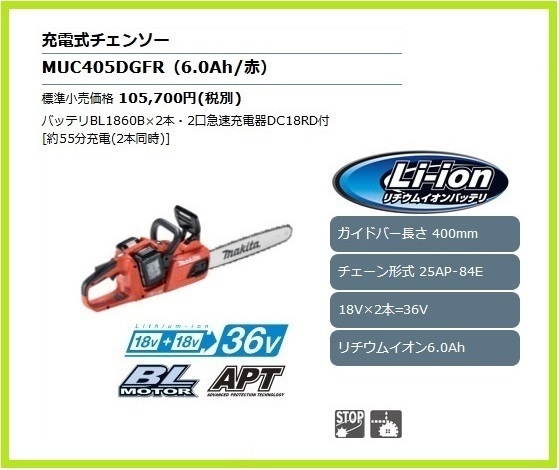 マキタ 400mm 充電式チェンソー MUC405DGFR (6.0Ah) [ダブルナット仕様 ...