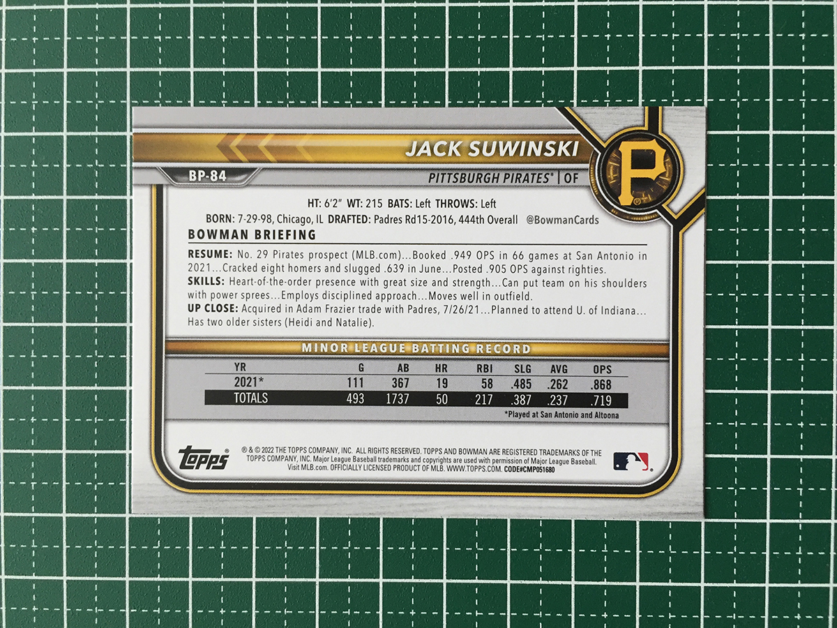 ★TOPPS MLB 2022 BOWMAN #BP-84 JACK SUWINSKI［PITTSBURGH PIRATES］ベースカード「PAPER PROSPECTS」「1st」★_画像2