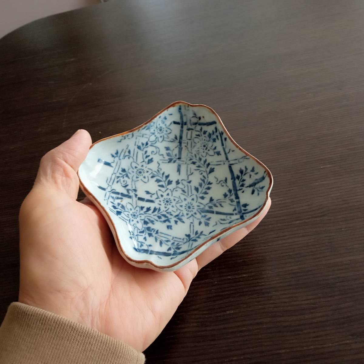 本物品質の 古伊万里 型紙摺り 格子に花文 四方皿 小皿 豆皿 手塩皿