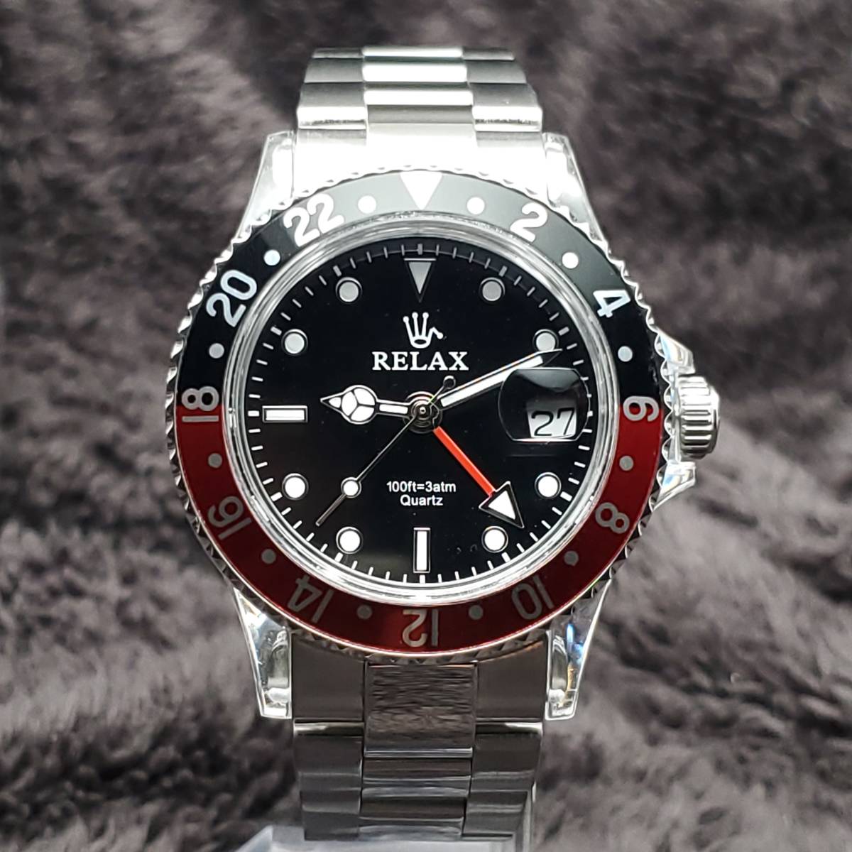 RELAX リラックス王冠ロゴカスタム腕時計GMT 黒/赤24H回転ベゼル世田谷