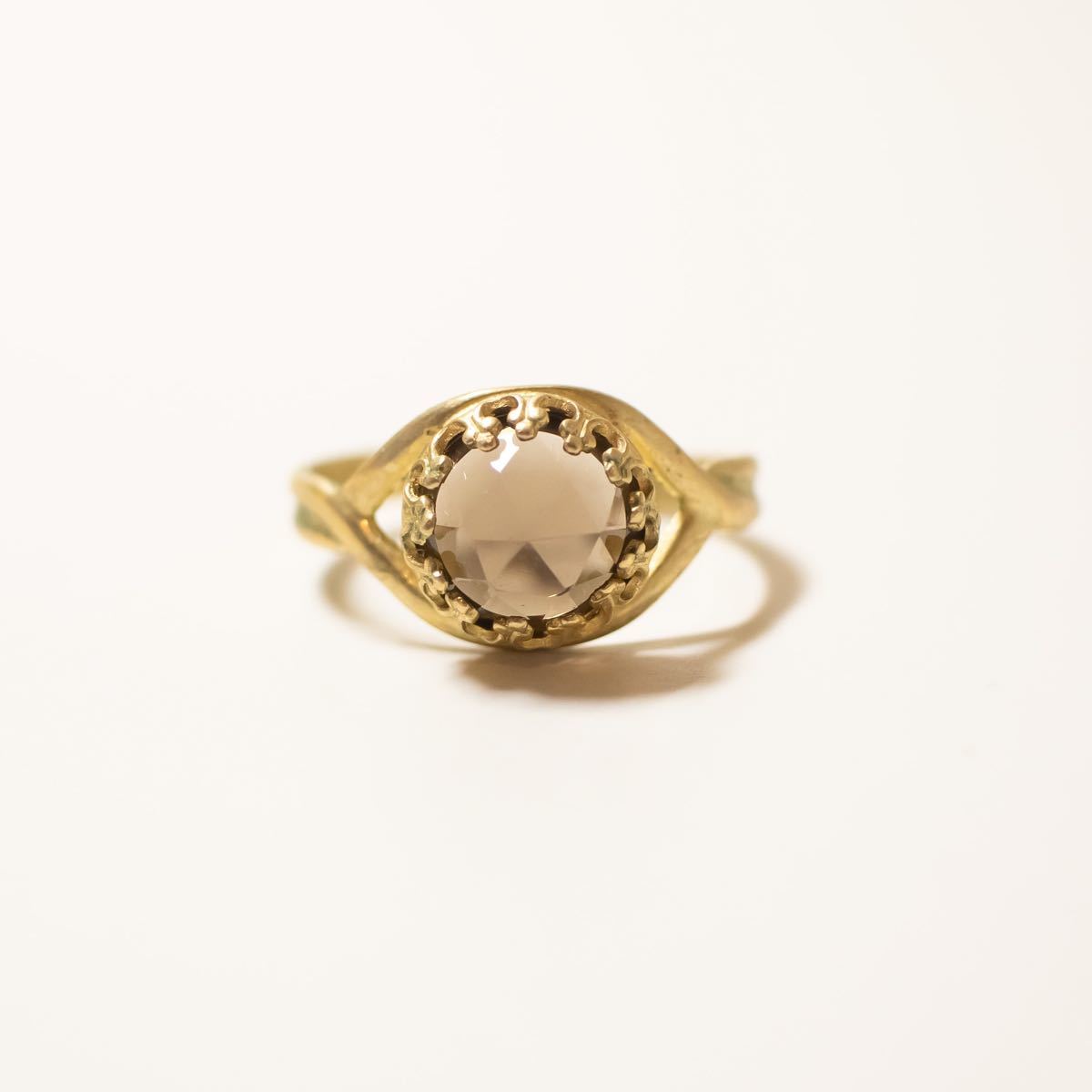 スモーキークォーツ クラウン リング フリーサイズ 指輪 真鍮 ゴールド 天然石