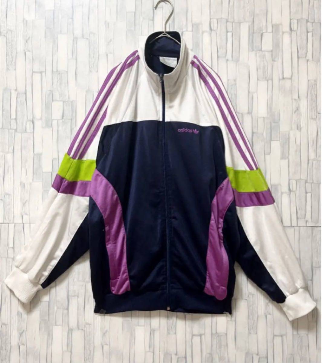 adidas オールド アディダス ジャージ 上 トラックジャケット 80s 80年代 L ネイビー トレフォイル 銀タグ 刺繍ロゴ 3ライン  3ストライプ