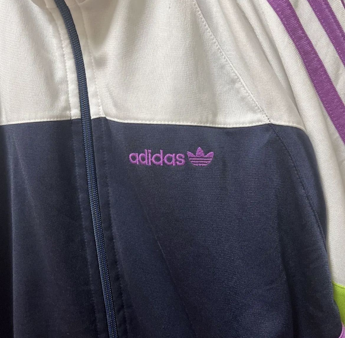 adidas オールド アディダス ジャージ 上 トラックジャケット 80s 80年代 L ネイビー トレフォイル 銀タグ 刺繍ロゴ 3ライン 3ストライプ