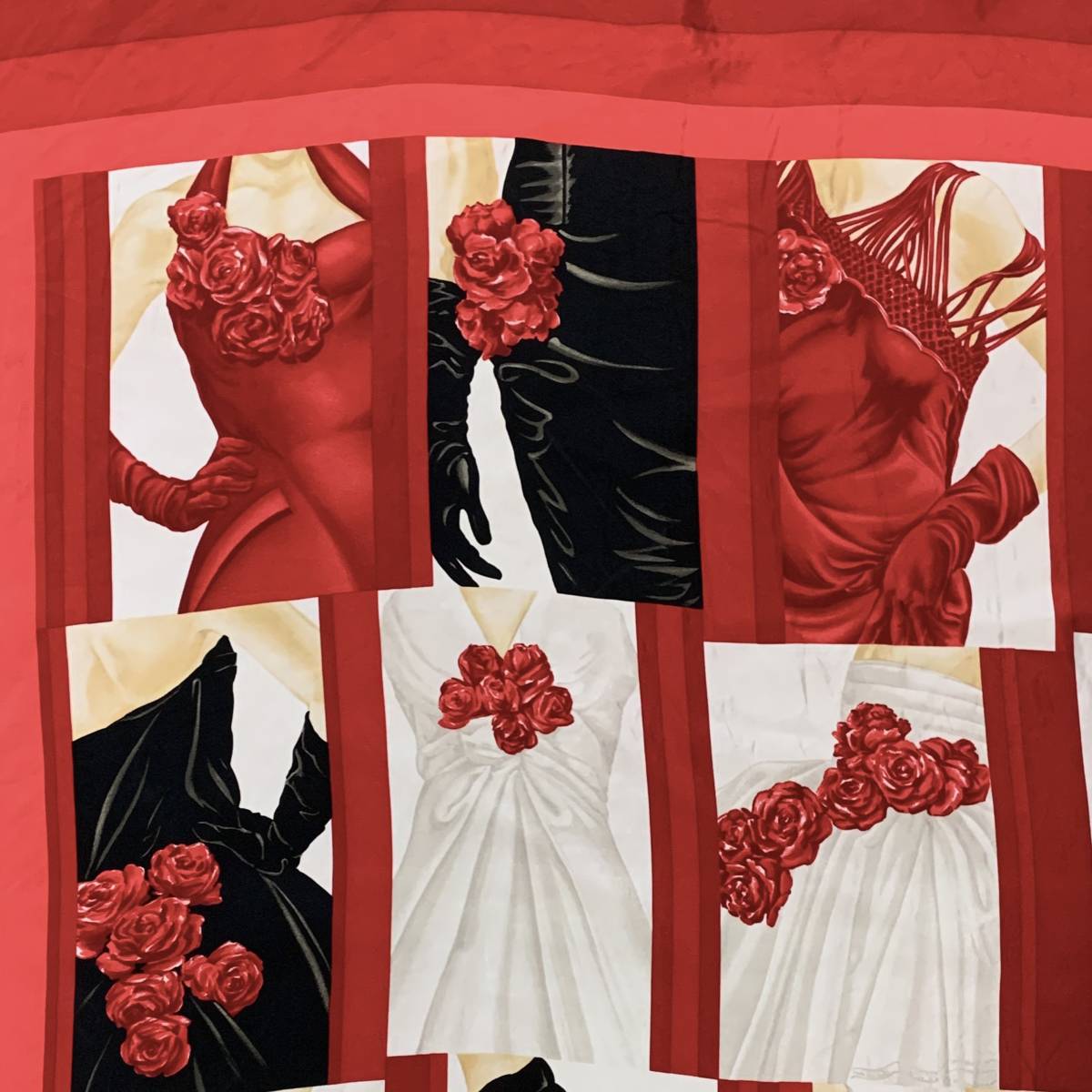 最終お値下げ Christian Dior ディオール ビンテージ シルクスカーフ ジャンフランコフェレ期 赤×ドレス×薔薇×千鳥柄 イタリア製 _画像2