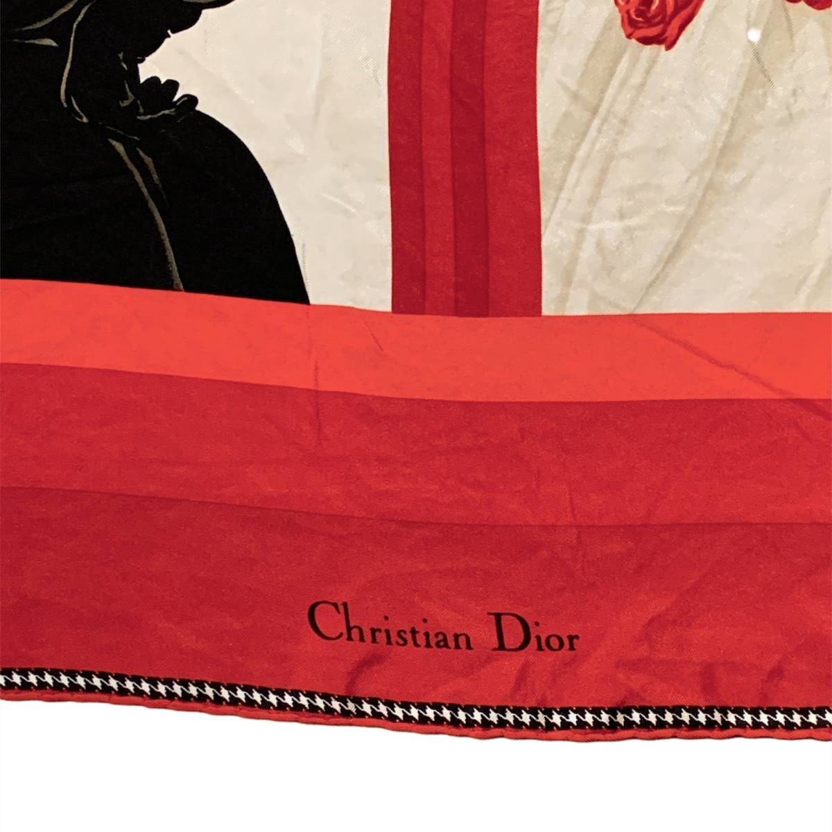 最終お値下げ Christian Dior ディオール ビンテージ シルクスカーフ ジャンフランコフェレ期 赤×ドレス×薔薇×千鳥柄 イタリア製 _画像6