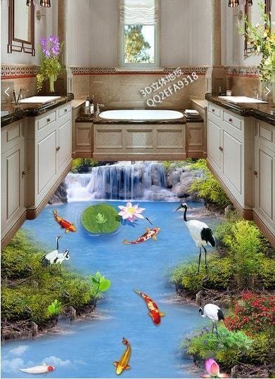 C502 巨大 3D フロアマット 1.45m*3m* 和モダン 形成池 鯉 滝 風景 ...