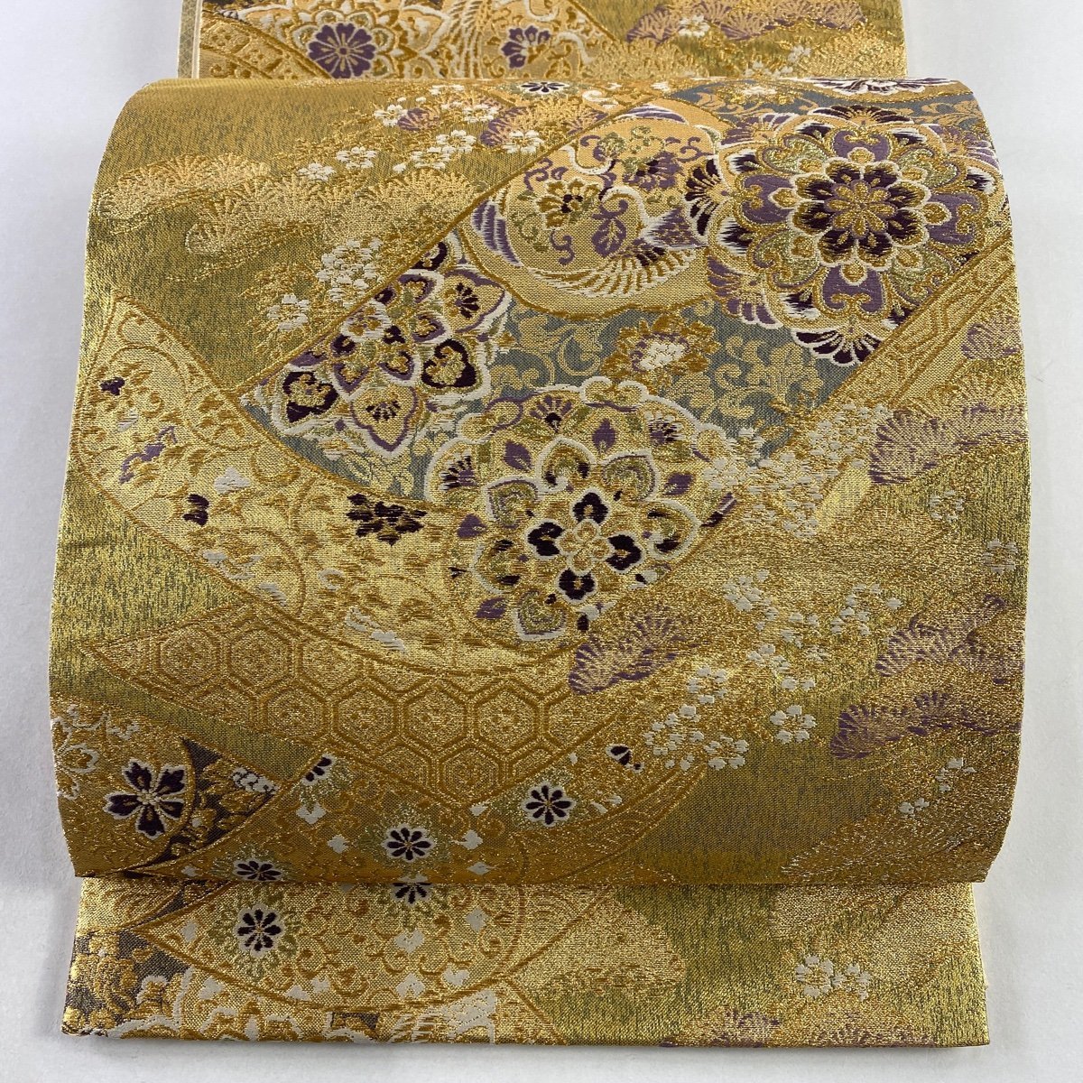 柔らかい 【競ナビ】 袋帯 美品 秀品 巻物 華文 金糸 箔 金色 六通