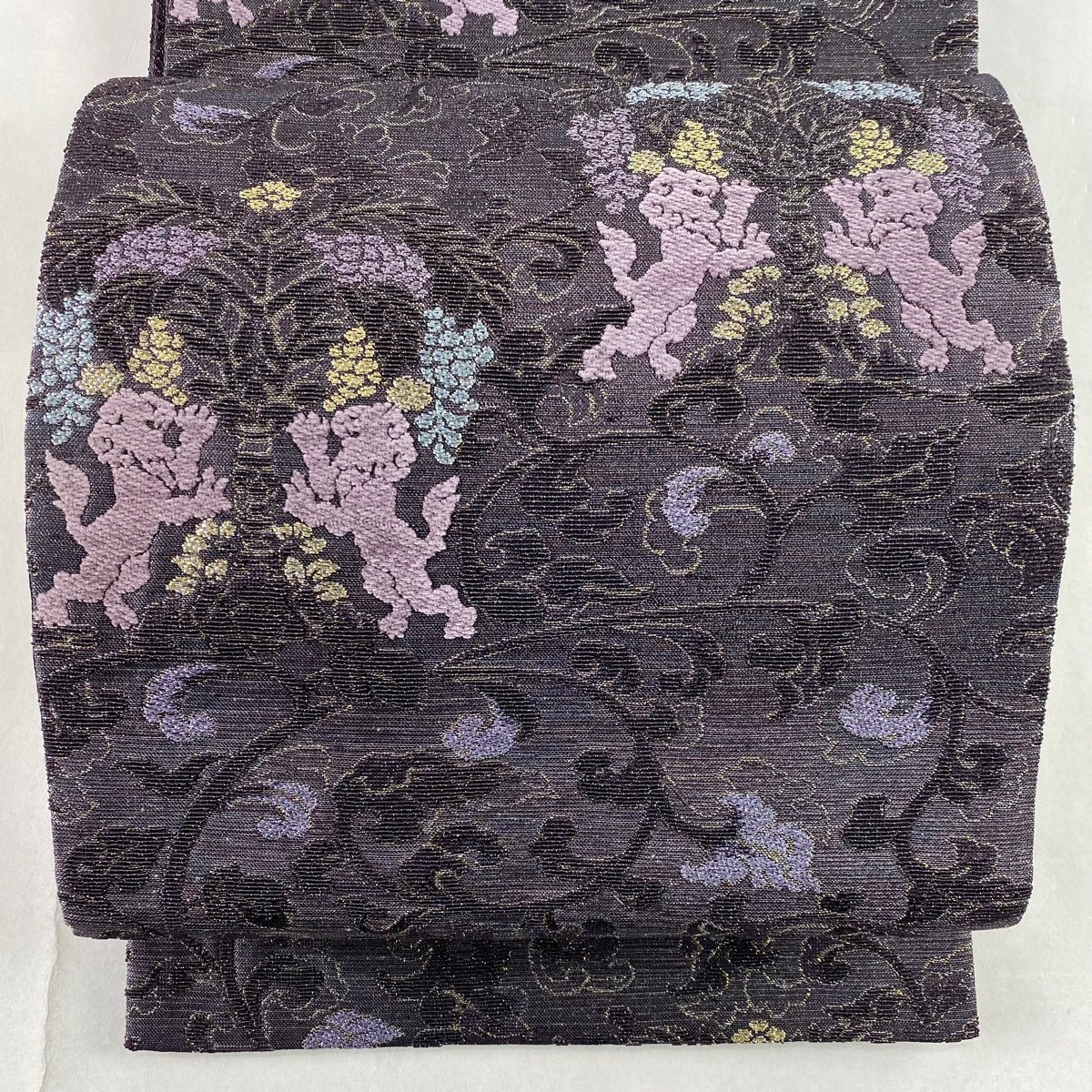 格安 紫 刺繍 金糸 花唐草 樹下双獣文 落款 名品 美品 袋帯 【競ナビ