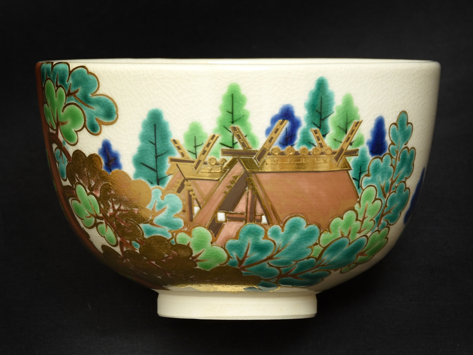 真葛窯 宮川香斎(造)金彩色絵「伊勢の杜」図 茶碗 共箱 共布 茶道具 陶磁器 古陶磁器 美品 京焼 z4044o