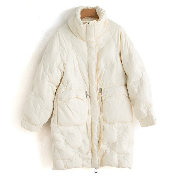 驚きの値段 新品品質レディース暖かい90％ダウンジャケット刺しゅうコートオフホワイトL Lサイズ
