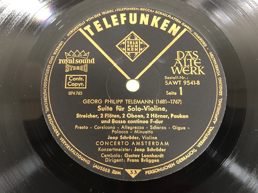 洗浄済 LP 独TELEFUNKEN SAWT9541 テレマン ヴァイオリン組曲 他 ブリュッヘン_画像3