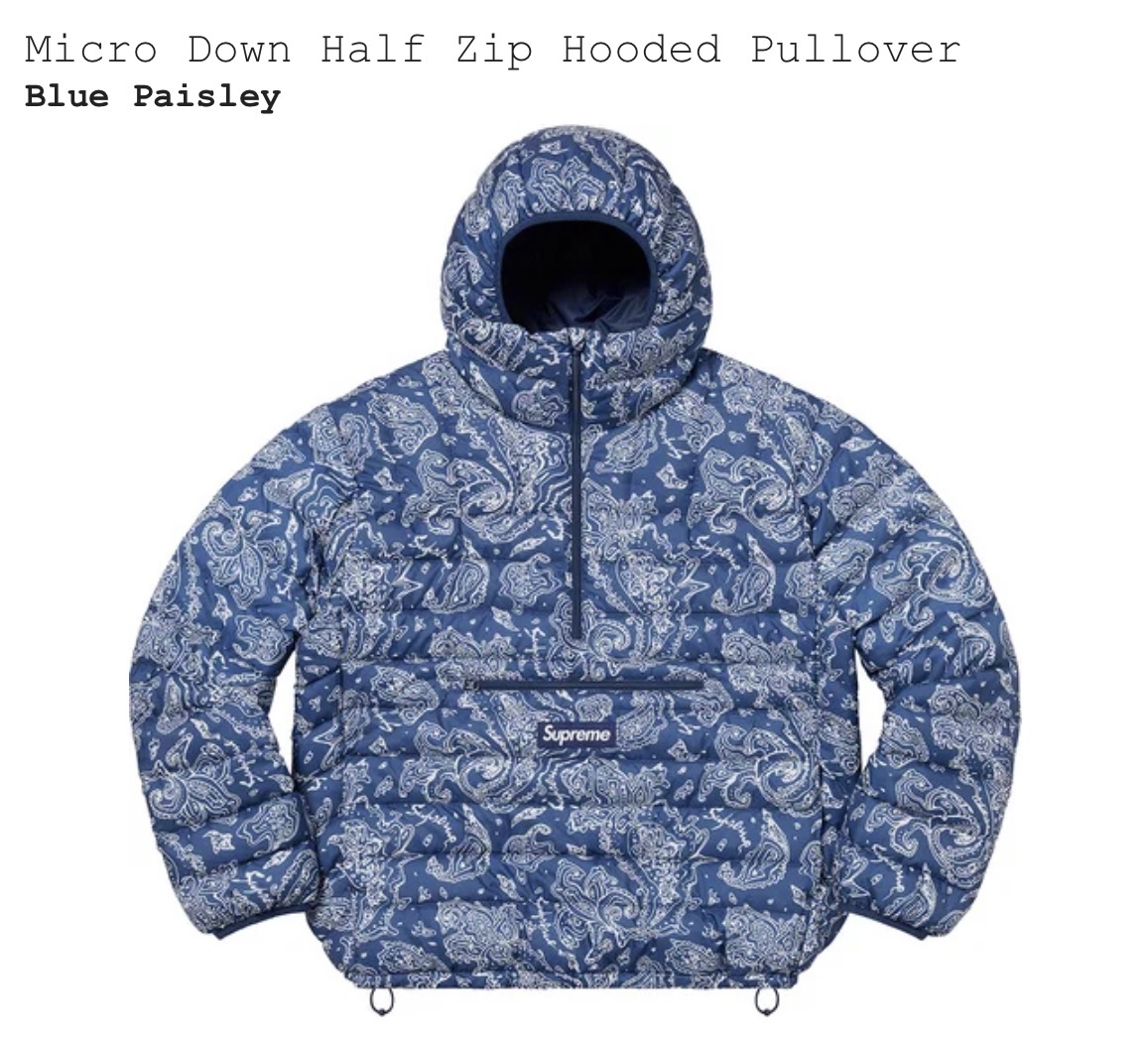 M】Supreme Micro Down Half Zip Hooded Pullover Blue Paisley M ...