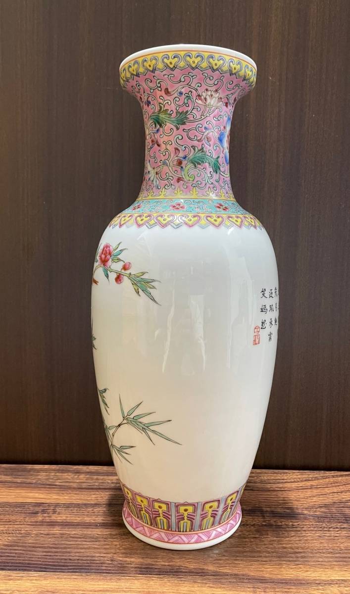 安い 中國美術 中國美術 景德鎮製 景德鎮製 花鳥詩文紋樣花瓶 花鳥詩文