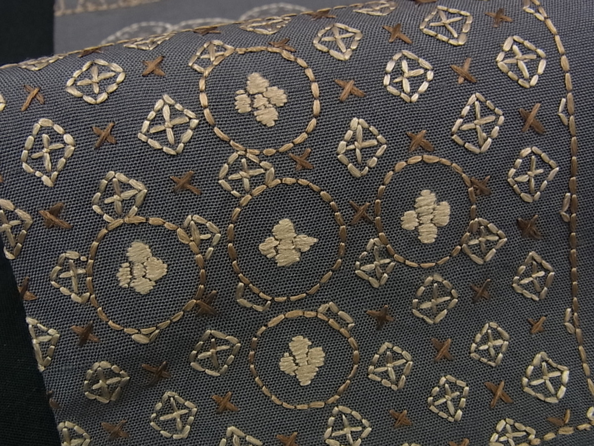 平和屋□極上 六通柄袋帯 刺し子 象 市松文様 パールトーン加工済 逸品