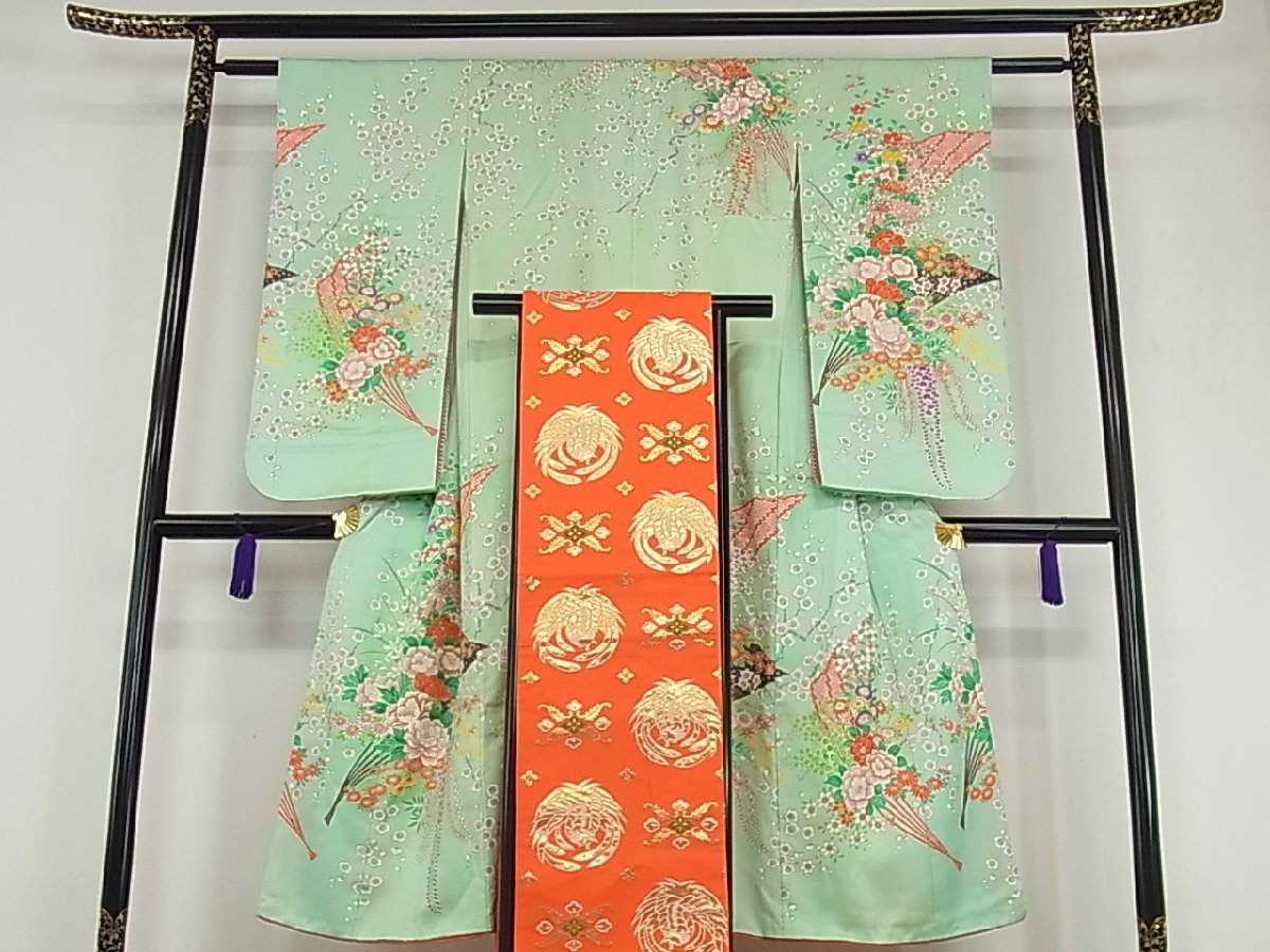 平和屋着物□七五三 7歳 女の子 祝着・袋帯セット 駒刺繍 檜扇草花文