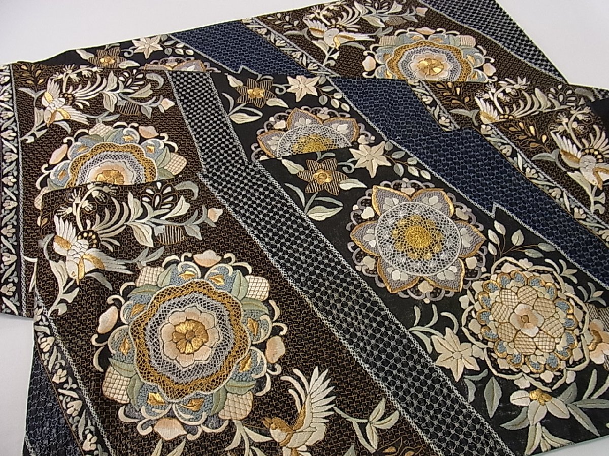 211my68〇相良刺繍 花 鳥 花菱文 袋帯 金通し〇美品-