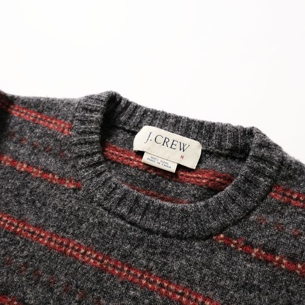 90's 00's Jクルー J.CREW クルーネック ボーダー ウール ニットセーター (Ｍ) グレーベース 90年代 00年代 舊タグ オールド