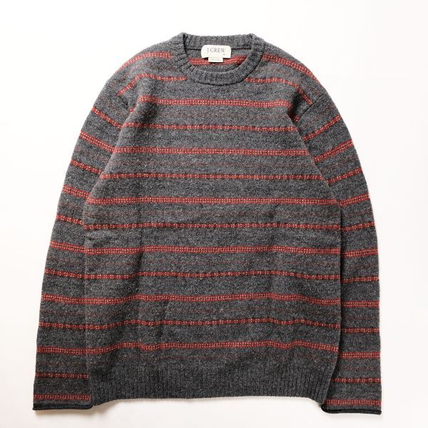 90's 00's Jクルー J.CREW クルーネック ボーダー ウール ニットセーター (Ｍ) グレーベース 90年代 00年代 舊タグ オールド