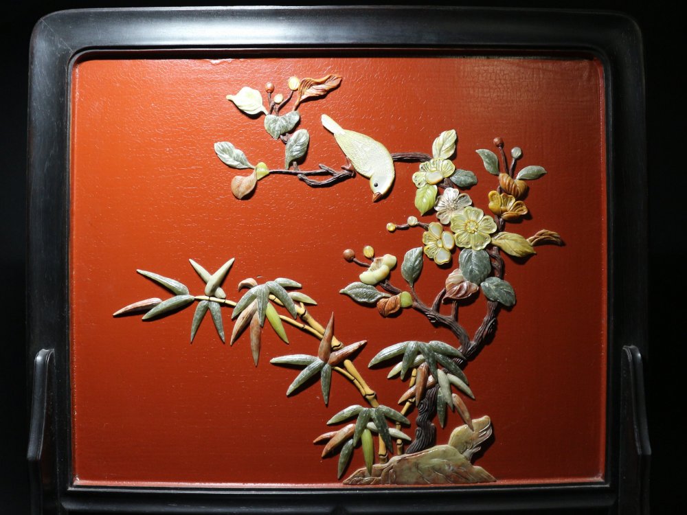 ■古玩■中国美術 紫檀唐木 砡螺鈿細工 硯屏 唐物 高さ47cm 文房具・ｆ026