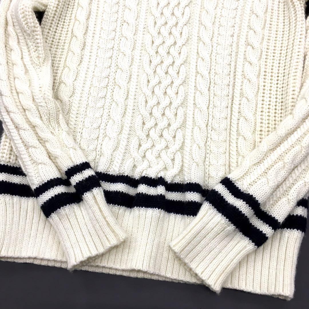 FRED PERRY フレッドペリー チルデンニット ケーブル編み セーター Vネック 刺繍ワンポイント メンズ XS ナチュラル ヒットユニオン 美品_画像5
