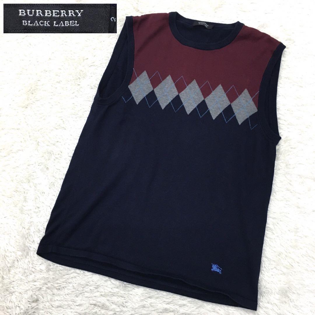 BURBERRY BLACK LABEL バーバリー ブラックレーベル コットンニット ベスト アーガイル 丸首 ホースロゴ刺繍 メンズ サイズ2 三陽商会 紺色