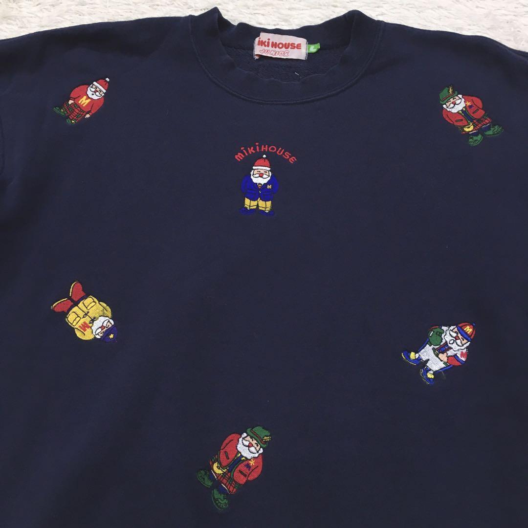 MIKI HOUSE Miki House тренировочный футболка Santa Claus вышивка длинный рукав круглый вырез хлопок тянуть over ребенок Kids размер L темно-синий цвет 