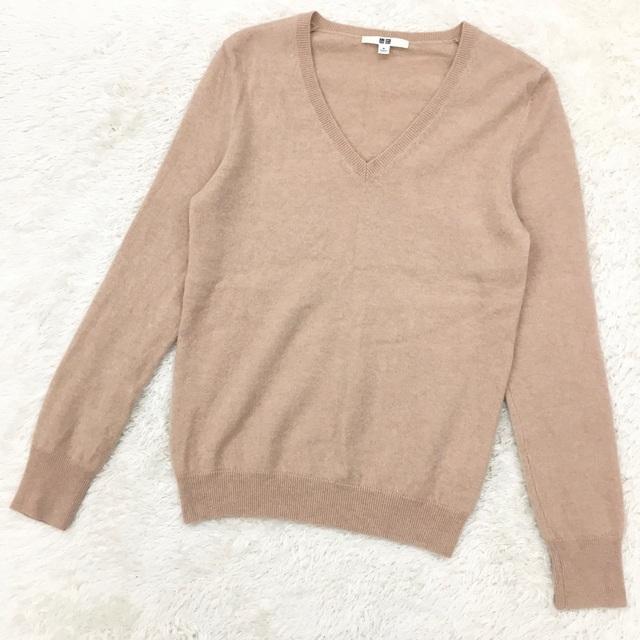 UNIQLO CASHMERE100% ユニクロ カシミヤ ハイゲージ ニットセーター Vネック プルオーバー レディース M くすみカラー ピンクベージュ