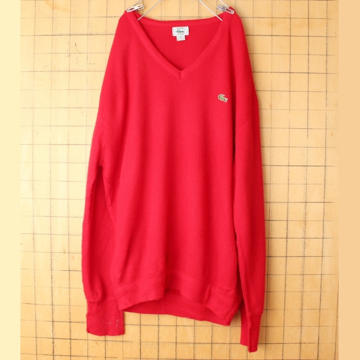 70s 80s USA製 IZOD LACOSTE ラコステ アクリル セーター Vネック レッド メンズL アメリカ古着_画像1