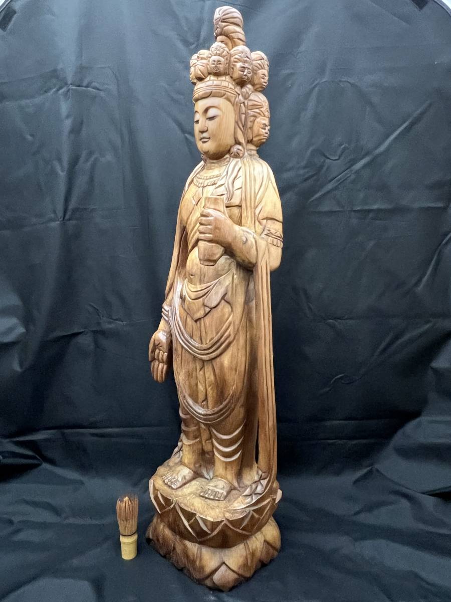 特大 迫力 十一面観音菩薩 一刀彫 木製 置物 如来 神様 仏像 彫刻 開運