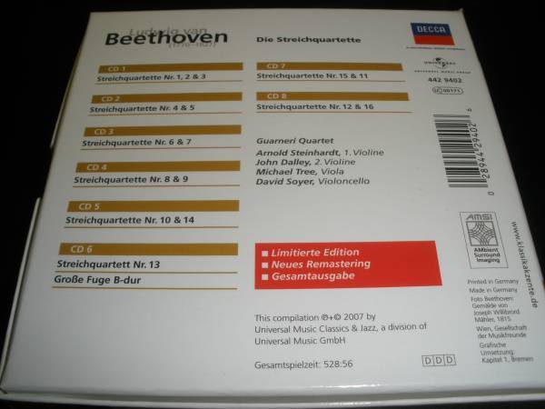 廃盤 ベートーヴェン 弦楽四重奏曲 全集 グァルネリ フィリップス 2回 再録 デジタル リマスター 8CD Beethoven Complete SQ Guarneri_リマスター 8CD フィリップス 廃盤