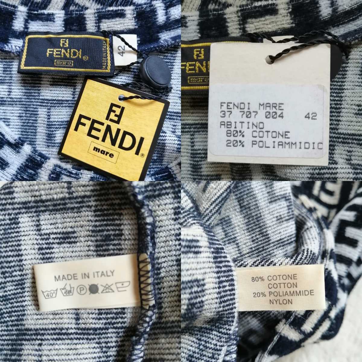 【未使用タグ付☆希少品】フェンディ FENDI ワンピース パイル ズッカ ズッキーノ コットン ビンテージ 42 イタリア ロゴ 総柄 ブラック