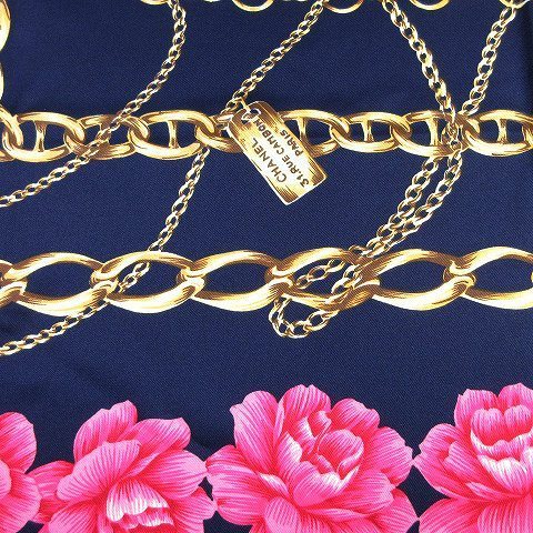 シャネル CHANEL チェーン ロゴプレート 花柄 大判 スカーフ シルク