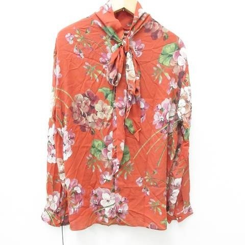 未使用品 グッチ GUCCI シャツ 長袖 花柄 プリント リボン 大きいサイズ 国内正規品 シルク オレンジ 赤 パープル グリーン ベージュ 白 58_画像2