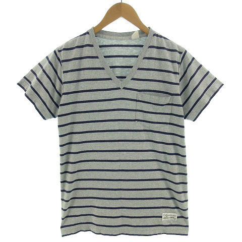 コロンビア Columbia Tシャツ 半袖 Vネック ポケT USA製 ボーダー グレー ネイビー 紺 M メンズ_画像1