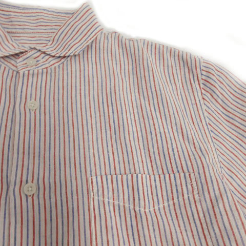 ジュンレッド JUNRED シャツ 半袖 ホリゾンタルワイドカラー リネン ストライプ ホワイト 白 レッド 赤 ブルー 青 2 メンズ_画像3