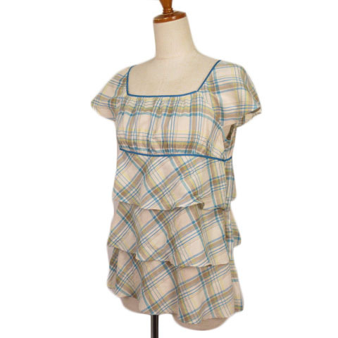  L planet ELLE PLANETE cut and sewn check square neck frill tia-do short sleeves 38 beige lady's 
