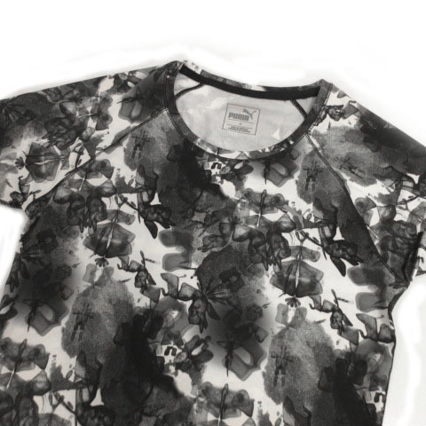 プーマ PUMA Tシャツ 半袖 速乾 総柄 ブラック 黒 グレー ホワイト 白 M レディース_画像2